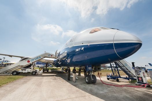 Farnborough, UK - July 18, 2014: Wide-angle abstract of the new Boeing 787-9 Dreamliner airliner on static display at the Farnborough airshow, UK