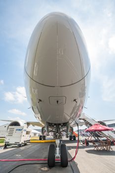Farnborough, UK - July 18, 2014: Abstract view of the new Airbus A350 airliner on static display at the Farnborough airshow, UK