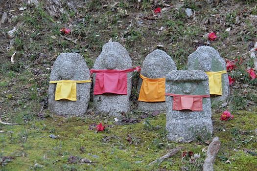 Photo shows details of Japanese temple garden.