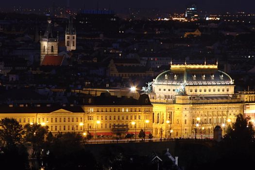 Photo shows details of Prague city at night.