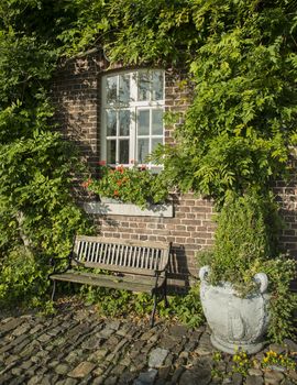 old farm with green plants on the wall and seat on the old rocks in the garden