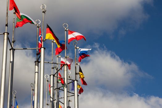 Group og Europeans flag outdoors, on sky background