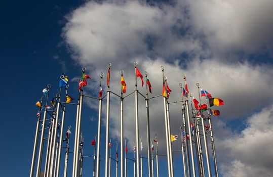 Group og Europeans flag outdoors, on sky background