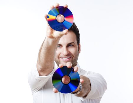 man in shirt standing smiling holding CD - isolated on white