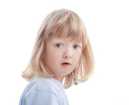 portrait of a boy with long blond hair looking at camera - isolated on white