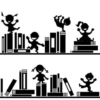 Books and doodle children silhouettes