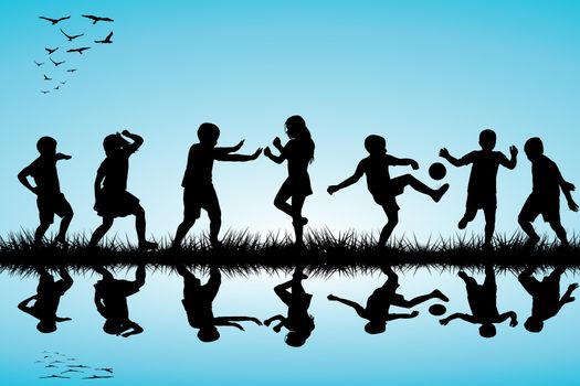 Group of children silhouettes playing outdoor near a lake