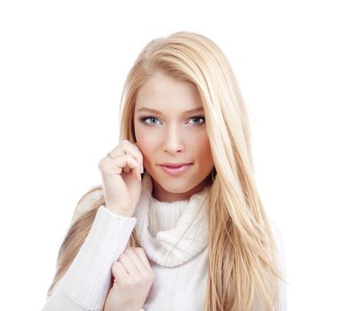 portrait of a young beautiful blond woman with blue eyes - isolated on white