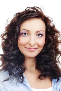 portrait of a young beautiful woman with dark curly hair - isolated on white