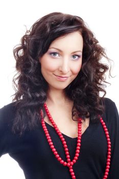 portrait of a young beautiful woman with dark curly hair - isolated on white