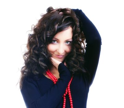 portrait of a young beautiful woman with dark curly hair - isolated on white