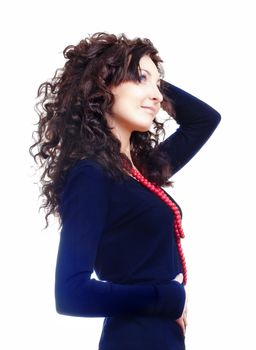 portrait of a young beautiful woman with dark curly hair - isolated on white