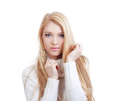 portrait of a young beautiful blond woman with blue eyes - isolated on white