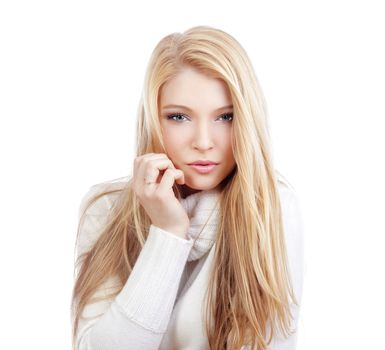 portrait of a young beautiful blond woman with blue eyes - isolated on white