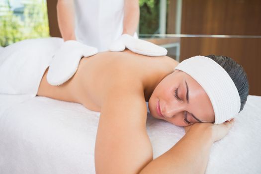 Beauty therapist rubbing womans back with heated mitts in the health spa