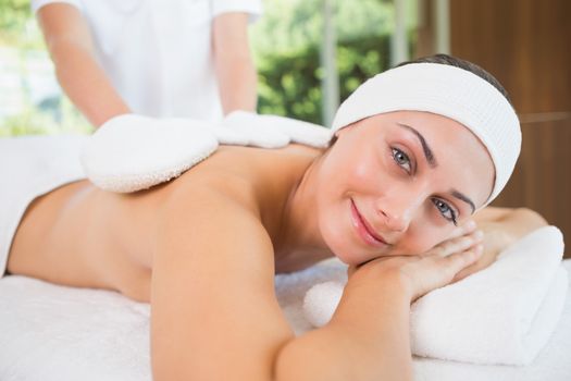 Beauty therapist rubbing smiling womans back with heated mitts in the health spa