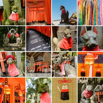 Collection of Fushimi Inari Taisha Shrine scenics, fox statue, thousands of torii, paper cranes of thousand etc.