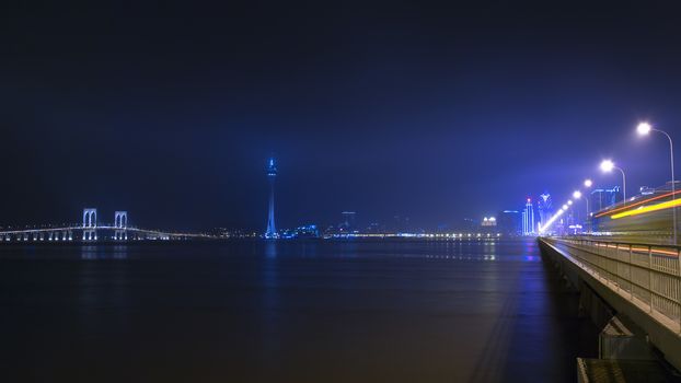 Macau Tower and Bridges at Night. View from the Taipa.