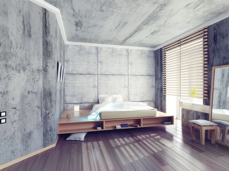 modern design bedroom with concrete walls. 3d concept