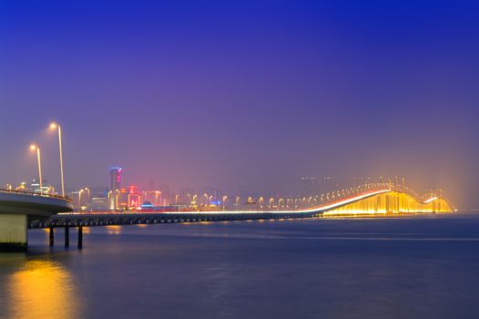 Macau and Bridge at Night. View from the Taipa.