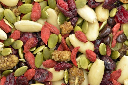 Trail mix with pumpkin seeds, dried cranberries, almonds, goji berries