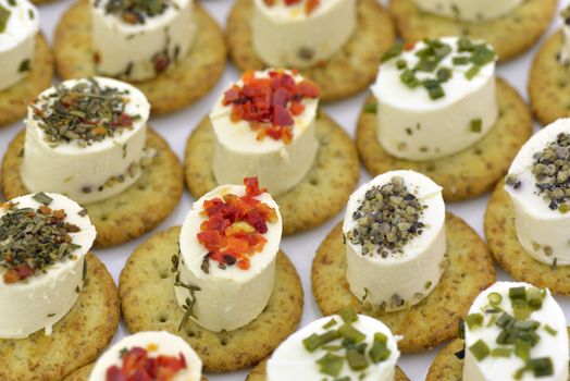 Close-up of cheese appetizers decorated with spices and vegetable