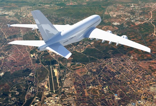 Big white airplane. Aerial view of cityscape