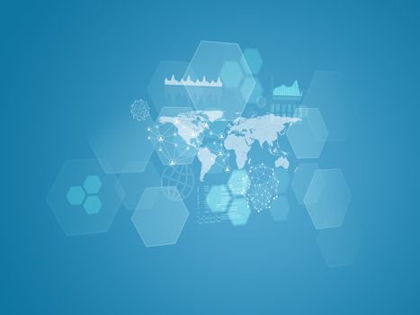 World map, transparent hexagons, graphs and network. Blue background