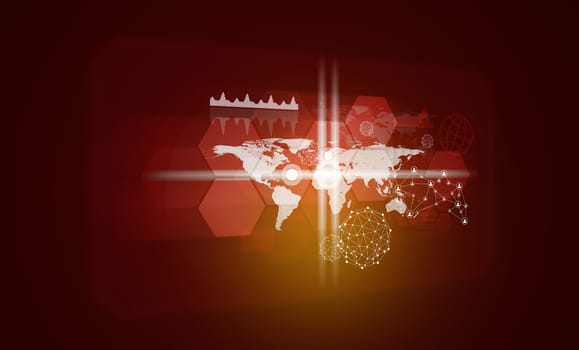 World map with transparent hexagons, graphs and network. Red background