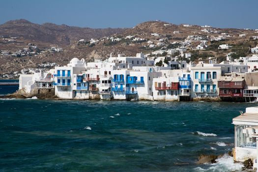 View from the sea of the famous Mykonos wind mills