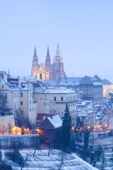 prague in winter - lesser town (mala strana) and hradcany castle at dusk