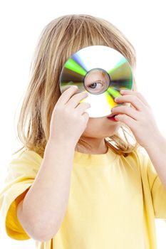boy with long blond hair standing holding CD - isolated on white
