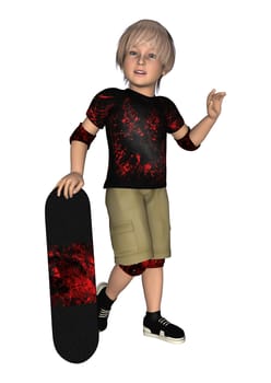 3D digital render of a boy with a skateboard isolated on white background