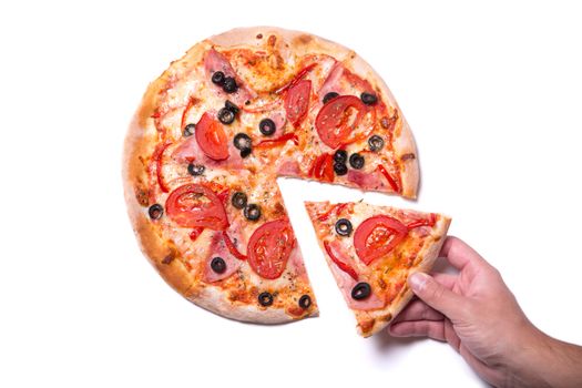 Male hand picking tasty pizza slice, isolated on white background  