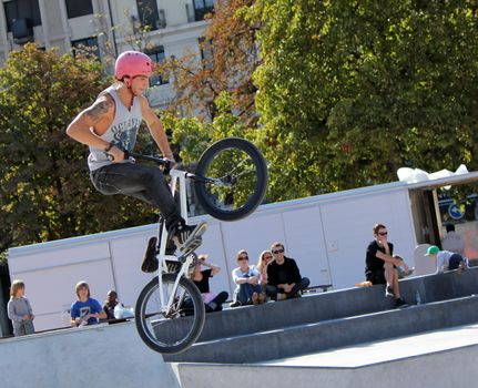 GENEVA, SWITZERLAND, SEPT 2 : Unidentified BMX rider making a bike jump in Geneva, Switzerland, on September 2 2012.