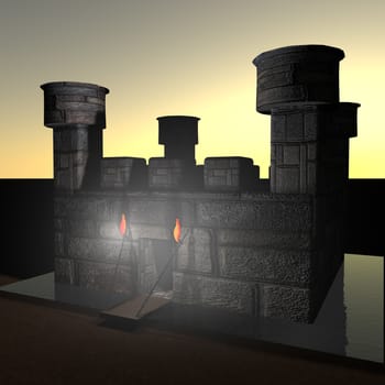 Stone castle with ditch, in darkness, 3d render