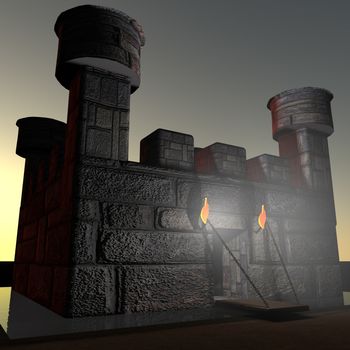 Stone castle with ditch, in darkness, 3d render