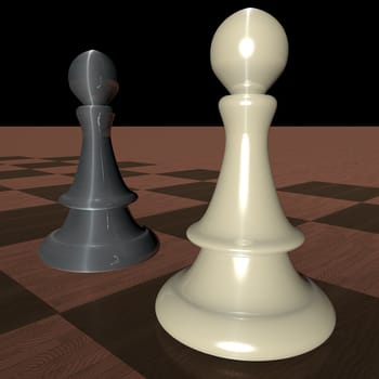 Two pieces of chess over wooden chessboard, 3d render