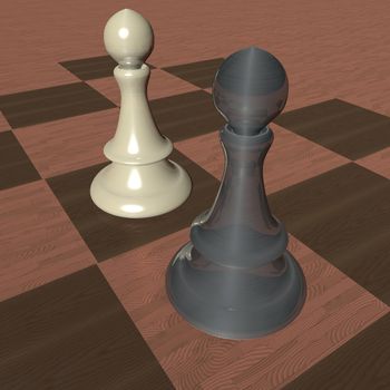 Two pieces of chess over wooden chessboard, 3d render