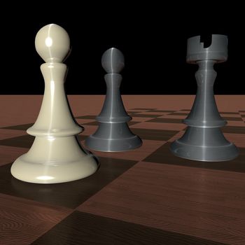 Three pieces of chess over wooden chessboard, 3d render