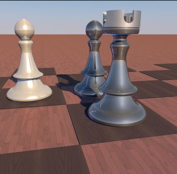 Three pieces of chess over wooden chessboard, 3d render