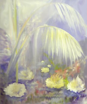 Blue Tropics painting. Digital painting with waterlilies and palm trees. 