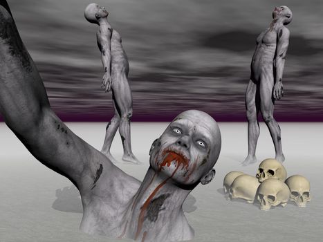 Three zombies in big suffering with skulls