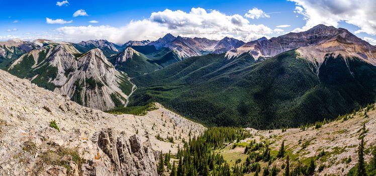 Panoramic view of Rocky mountains range in Jasper NP, Alberta, Canada