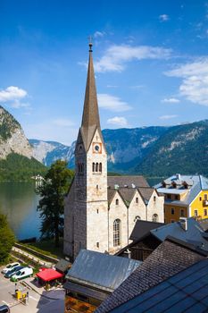 Hallstatt, Austria - August 7, 2013: View of Hallstatt Christuskirche church bell tower, Hallstatt, Austria