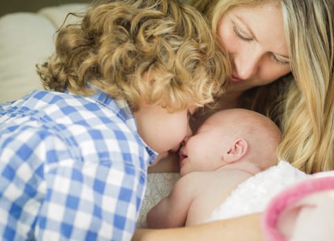 Beautiful Young Mother Holds Precious Newborn Baby Girl as Brother Looks On.