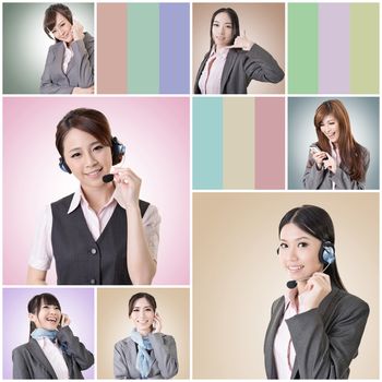 Collection of Asian business woman talk and listen, concept about connect, social media, group, speak etc.