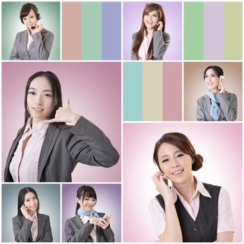 Collection of Asian business woman talk and listen, concept about connect, social media, group, speak etc.