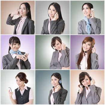 Collection of Asian business woman talk and listen, concept about connect, social media, group, speak etc.