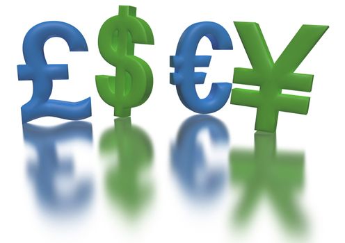 International economy currency units pound and euro and dollar and yen